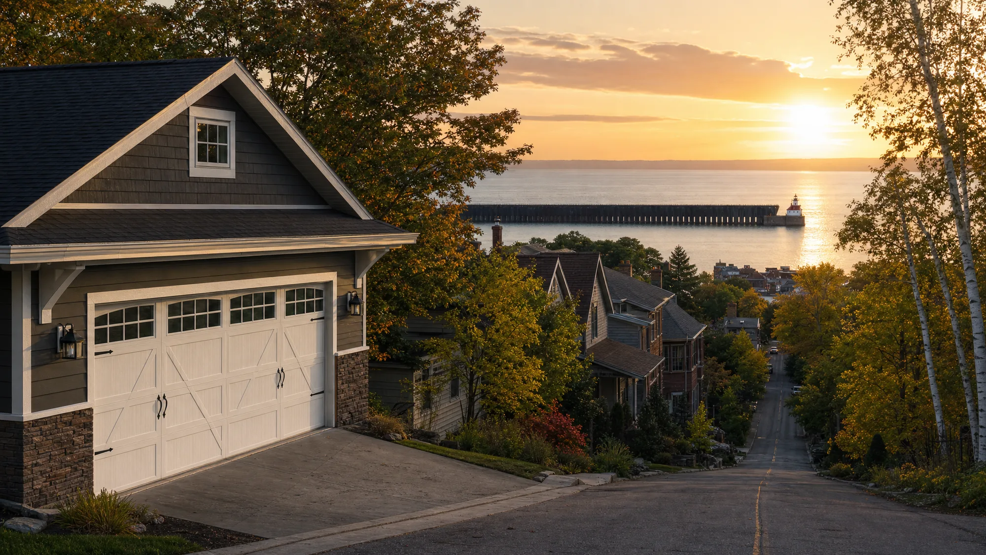 Marquette hillside home with a carriage-style garage door, the harbor, ore dock, and lighthouse below at sunset