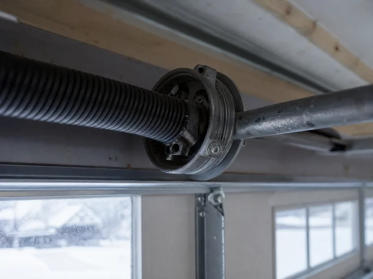 Garage door torsion spring and drum on its shaft, winter light through a frosted garage window